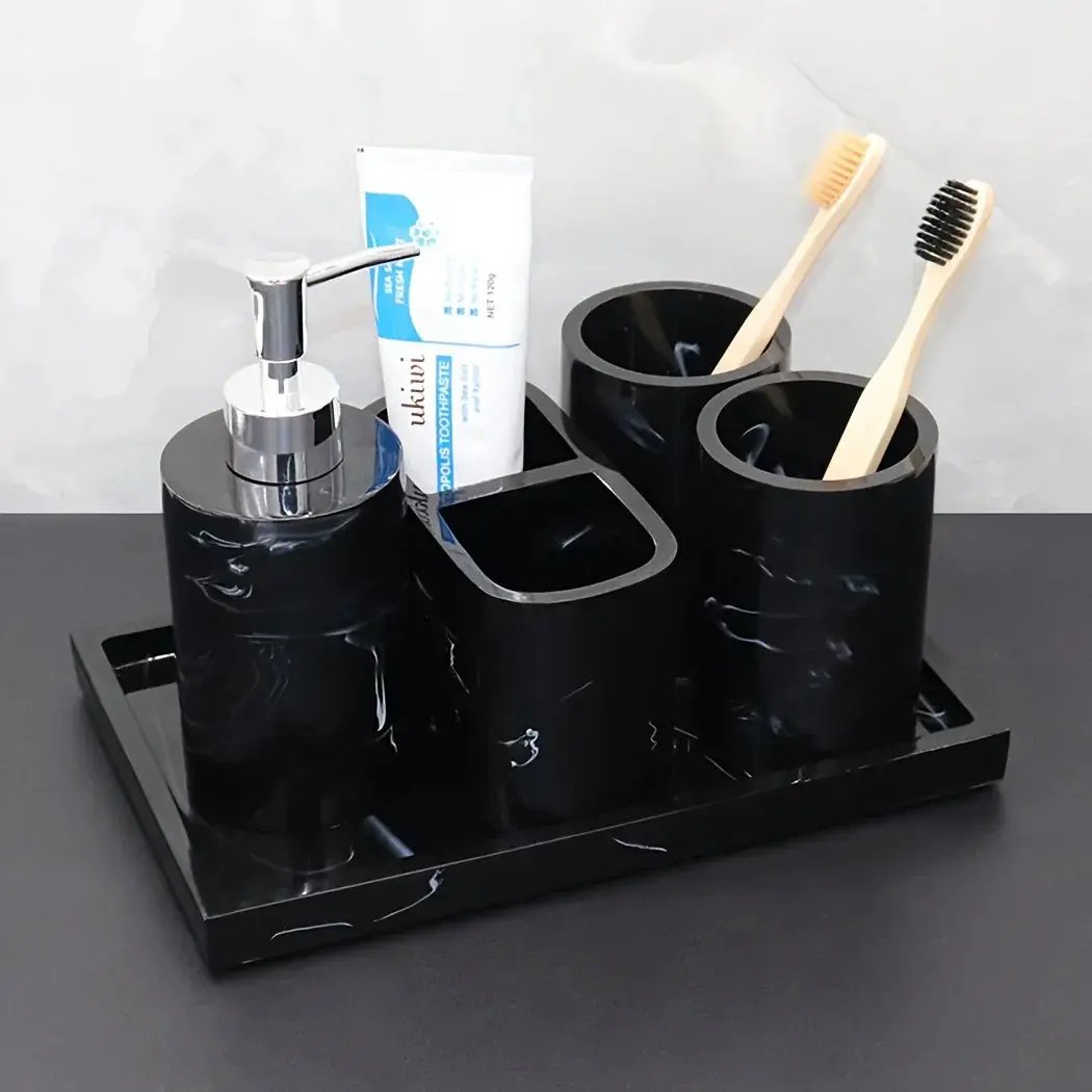 Modern Marble Look Ink-Style 5pcs Bathroom Accessory Set with Rectangular Tray, Toothbrush Holder, Tumbler, and Lotion Dispenser Set by House Of Avana