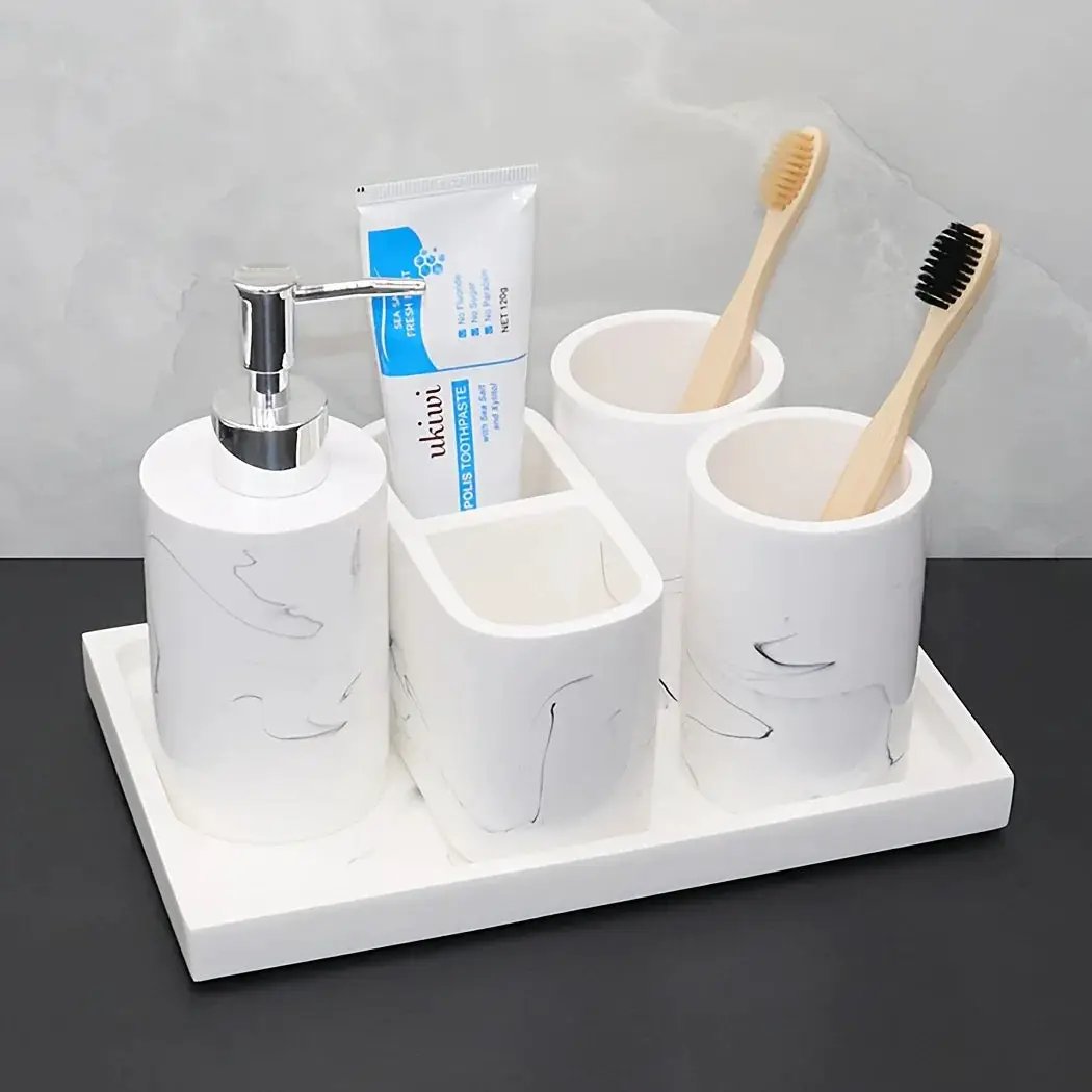Modern Marble Look Ink-Style 5pcs Bathroom Accessory Set with Rectangular Tray, Toothbrush Holder, Tumbler, and Lotion Dispenser Set by House Of Avana