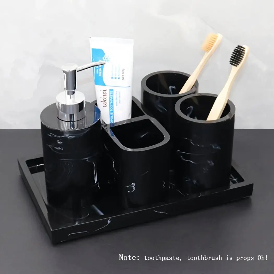 Modern Marble Look Ink-Style 5pcs Bathroom Accessory Set with Rectangular Tray, Toothbrush Holder, Tumbler, and Lotion Dispenser Set by House Of Avana