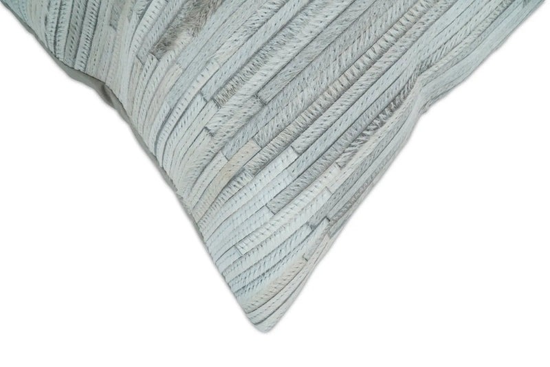 Modern Stripes Ivory and Gray Genuine leather Pillow with Insert, Cushion | PL16 by The Rug Decor