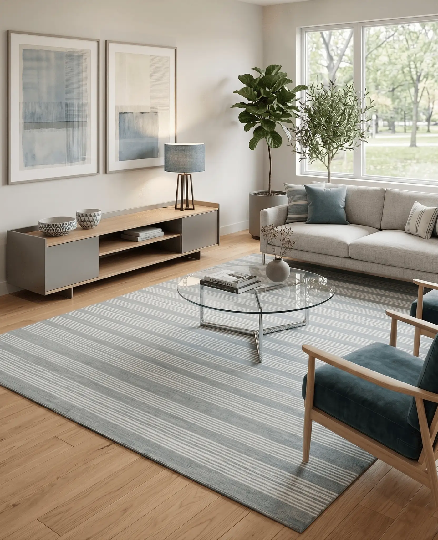 Modern Stripes Pattern Grey and Ivory Hand Tufted Wool Area Rug by The Rug Decor