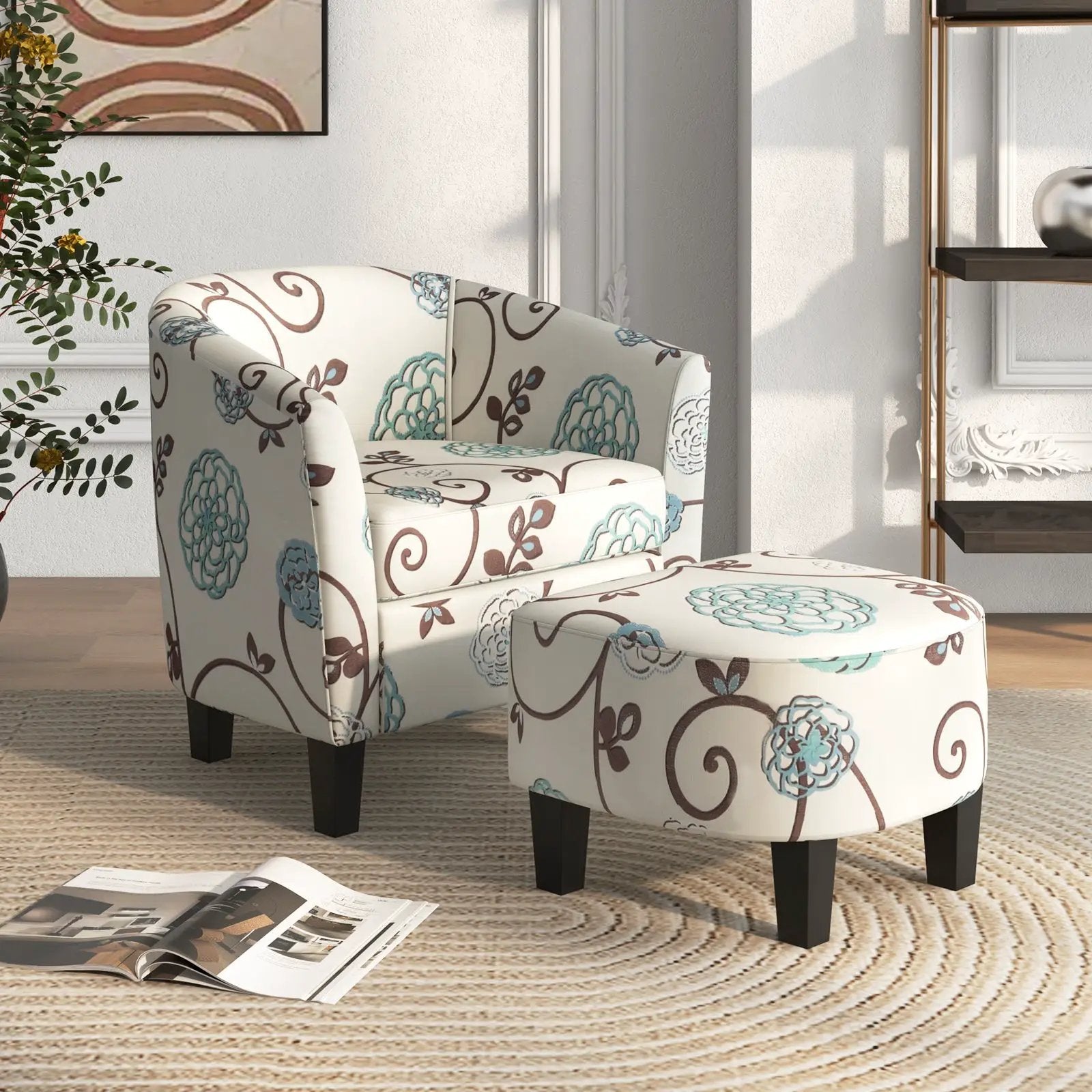 Modern Accent Tub Chair and Ottoman Set with Fabric Upholstered-Beige by DirectDeals