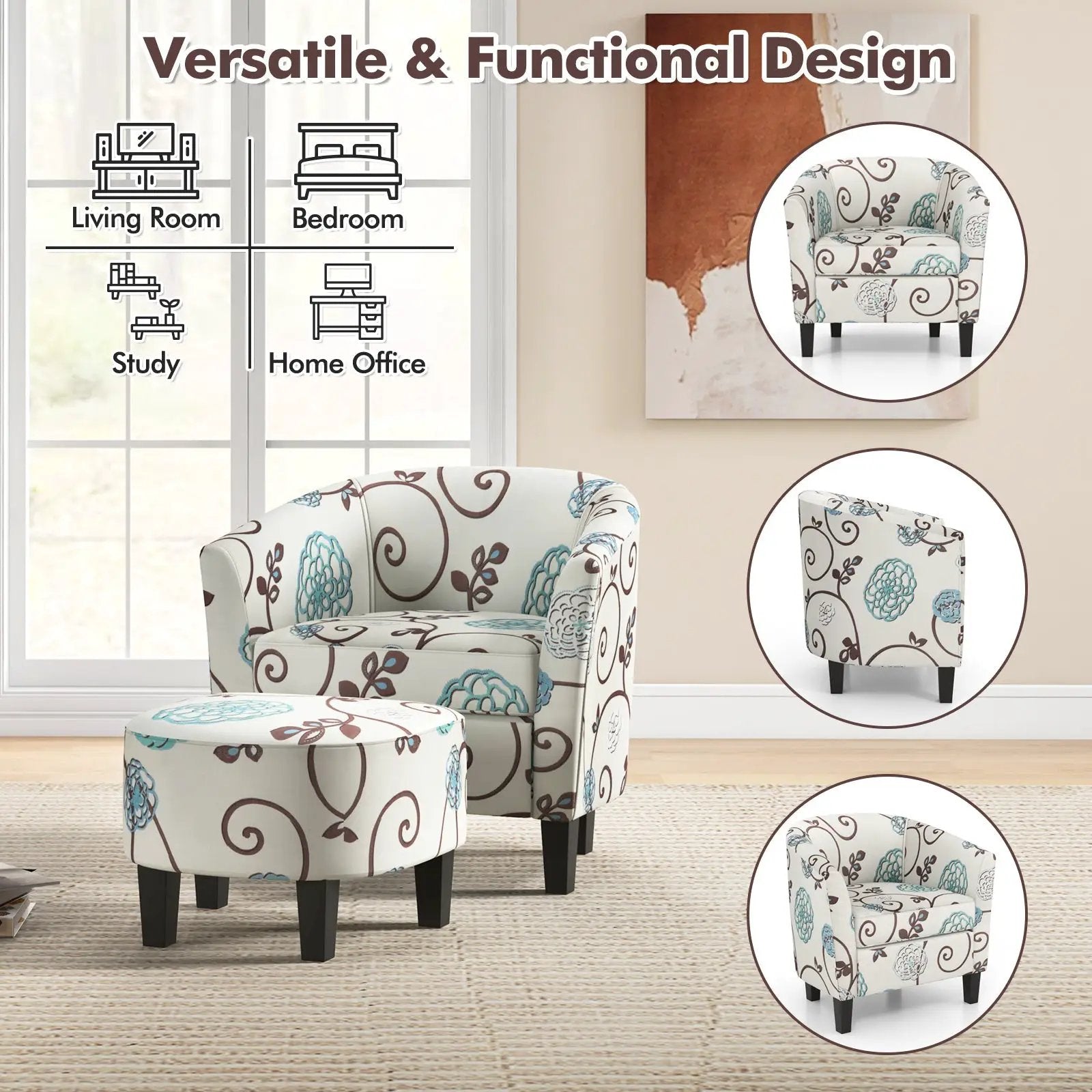 Modern Accent Tub Chair and Ottoman Set with Fabric Upholstered-Beige by DirectDeals