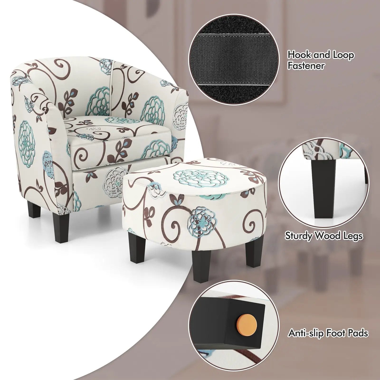 Modern Accent Tub Chair and Ottoman Set with Fabric Upholstered-Beige by DirectDeals