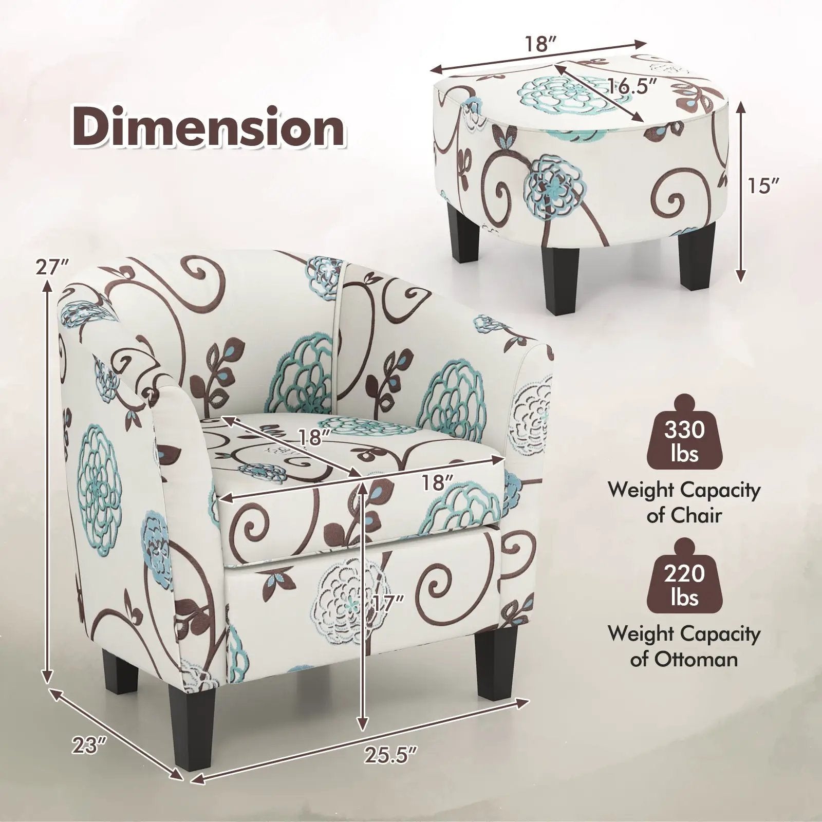 Modern Accent Tub Chair and Ottoman Set with Fabric Upholstered-Beige by DirectDeals