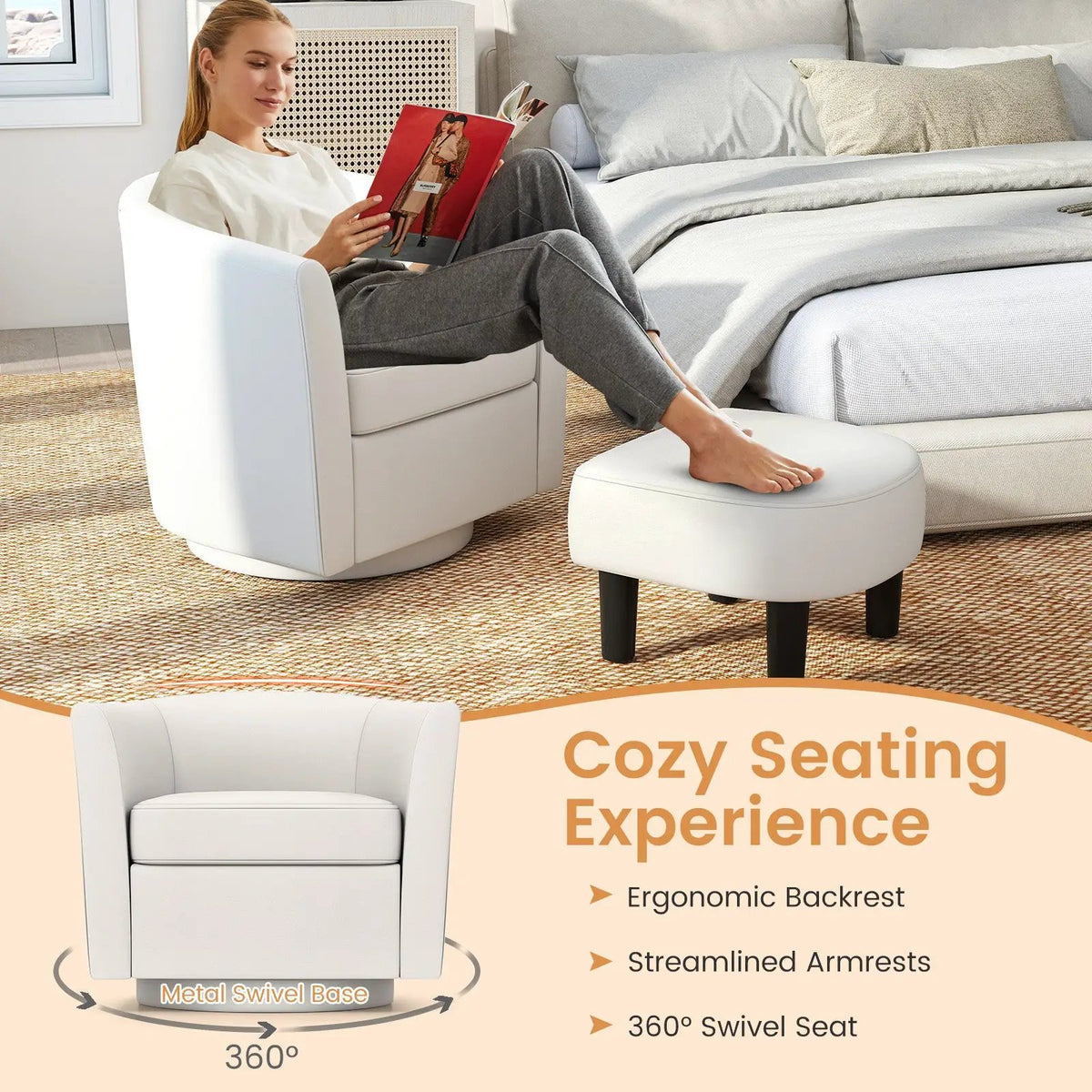 Modern Club Swivel Accent Chair with Ottoman Footrest Curved Backrest, photo 8 of 10