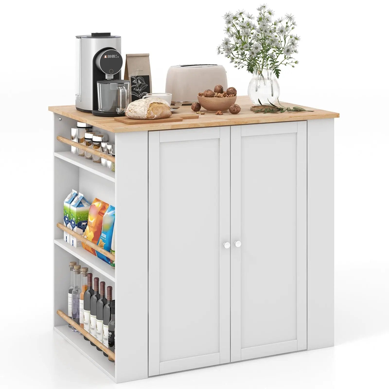 Modern Kitchen Island with Rubber Wood Countertop and Storage-White by DirectDeals