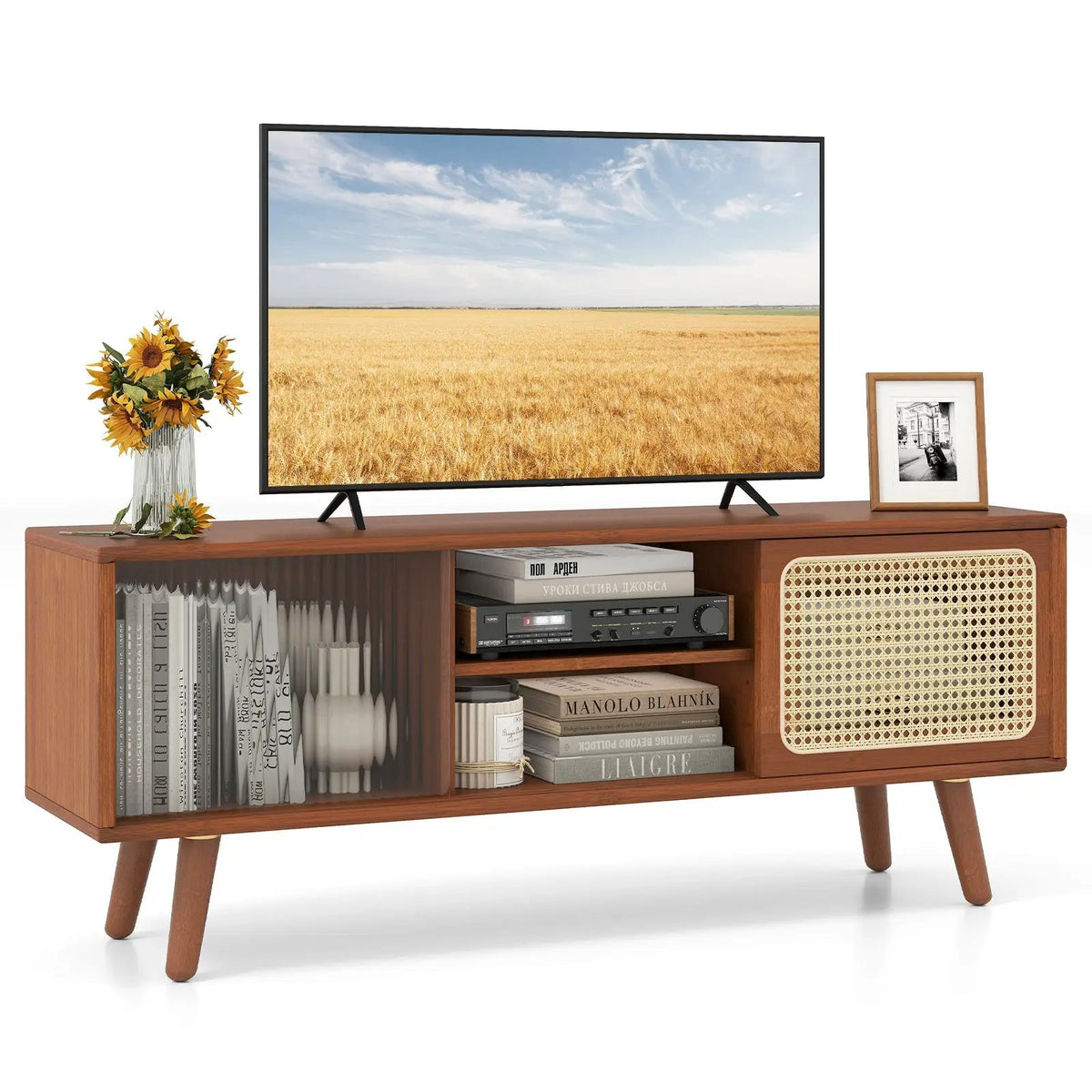 Modern TV Stand with Rattan Glass Sliding Doors, photo 4 of 9