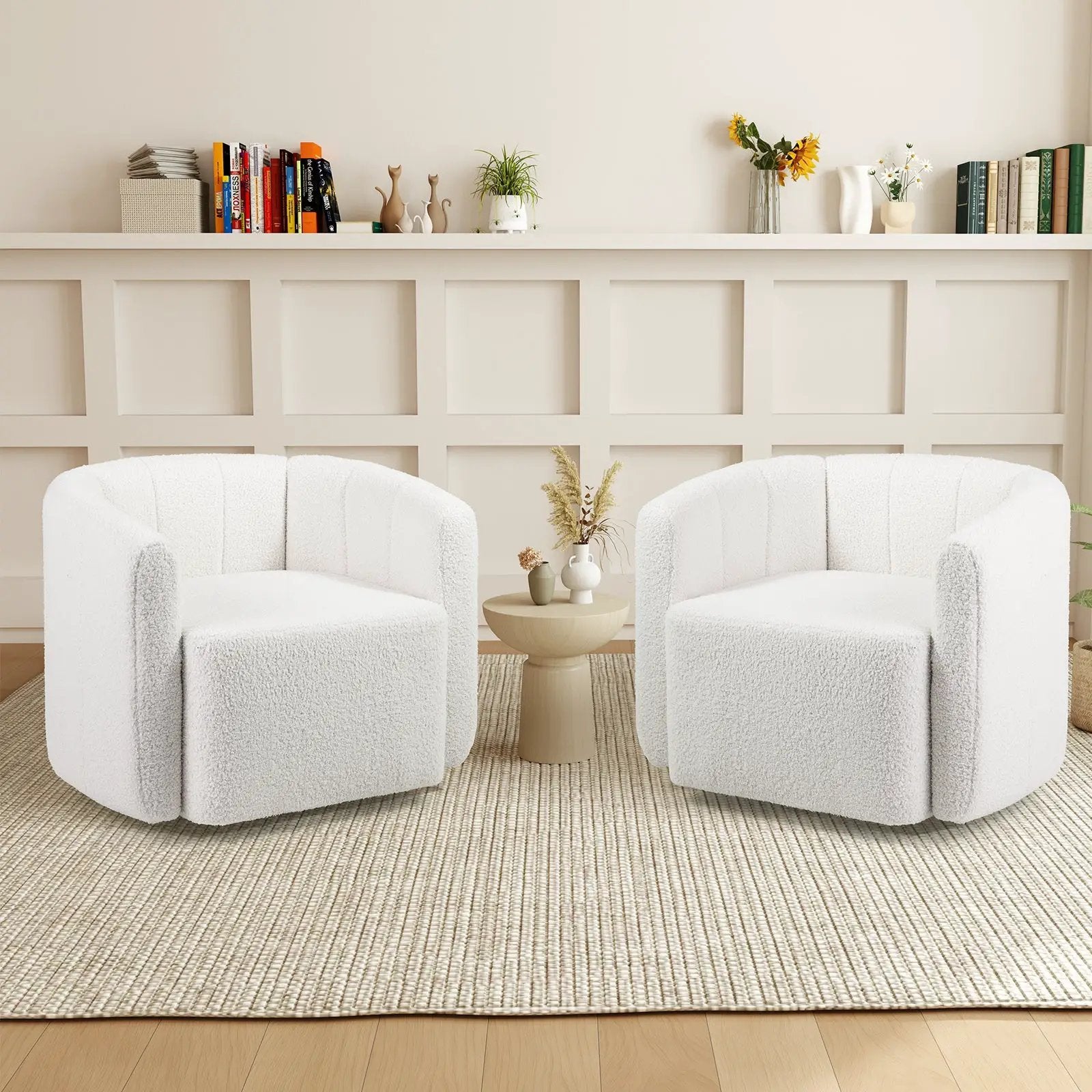 Modern Upholstered Sherpa Accent Chair with Curved Backrest and Armrests-White by DirectDeals
