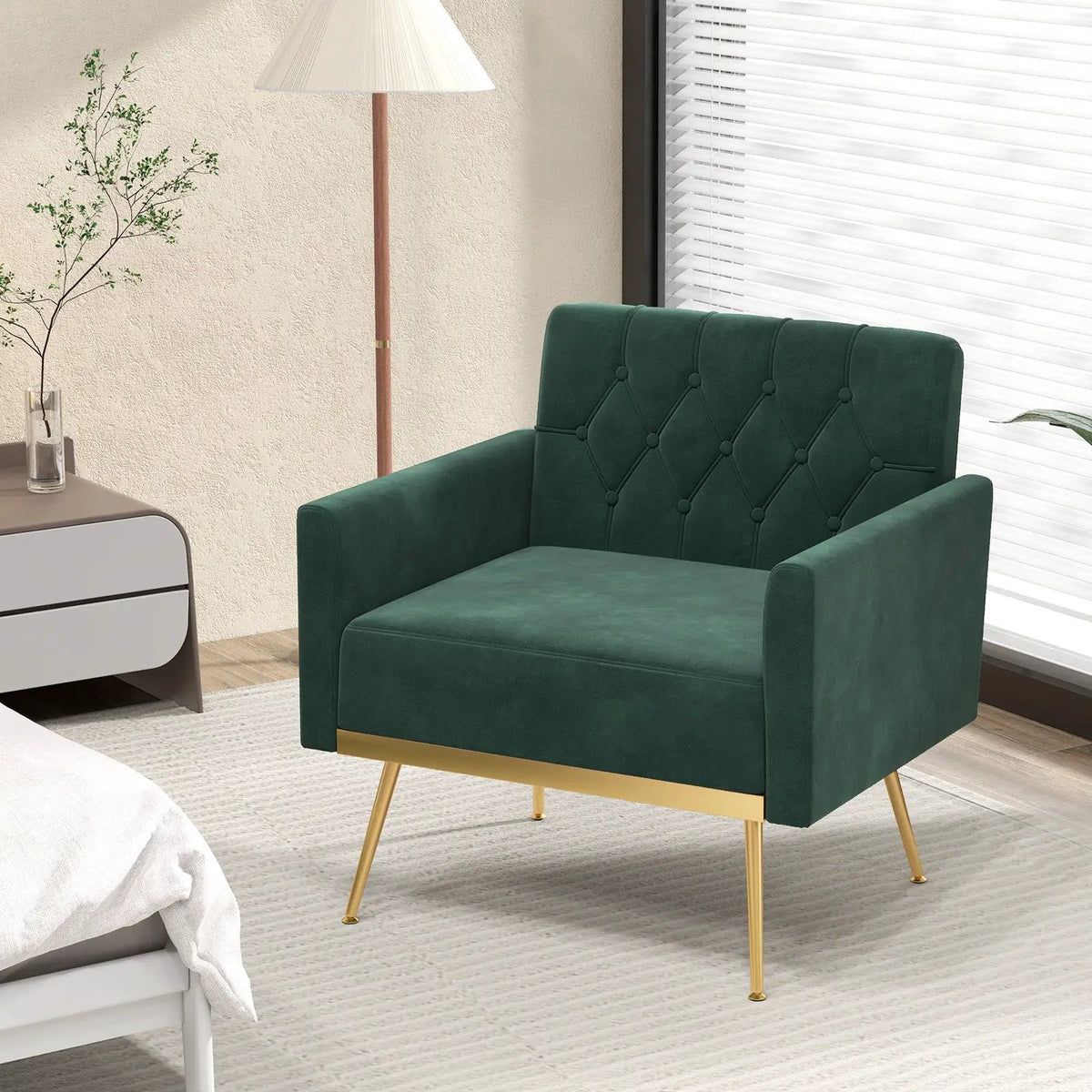 Modern Velvet Accent Chair with Button Tufted Back Golden Metal Legs and Adjustable Foot Pads, photo 5 of 10