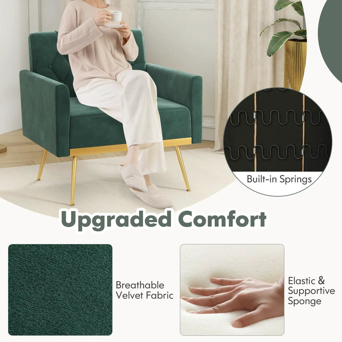 Modern Velvet Accent Chair with Button Tufted Back Golden Metal Legs and Adjustable Foot Pads, photo 7 of 10