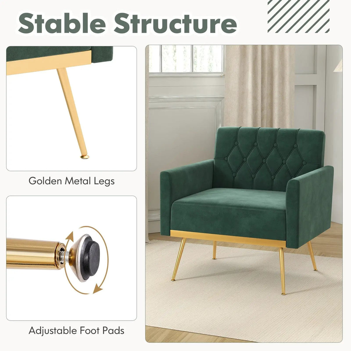 Modern Velvet Accent Chair with Button Tufted Back Golden Metal Legs and Adjustable Foot Pads, photo 6 of 10