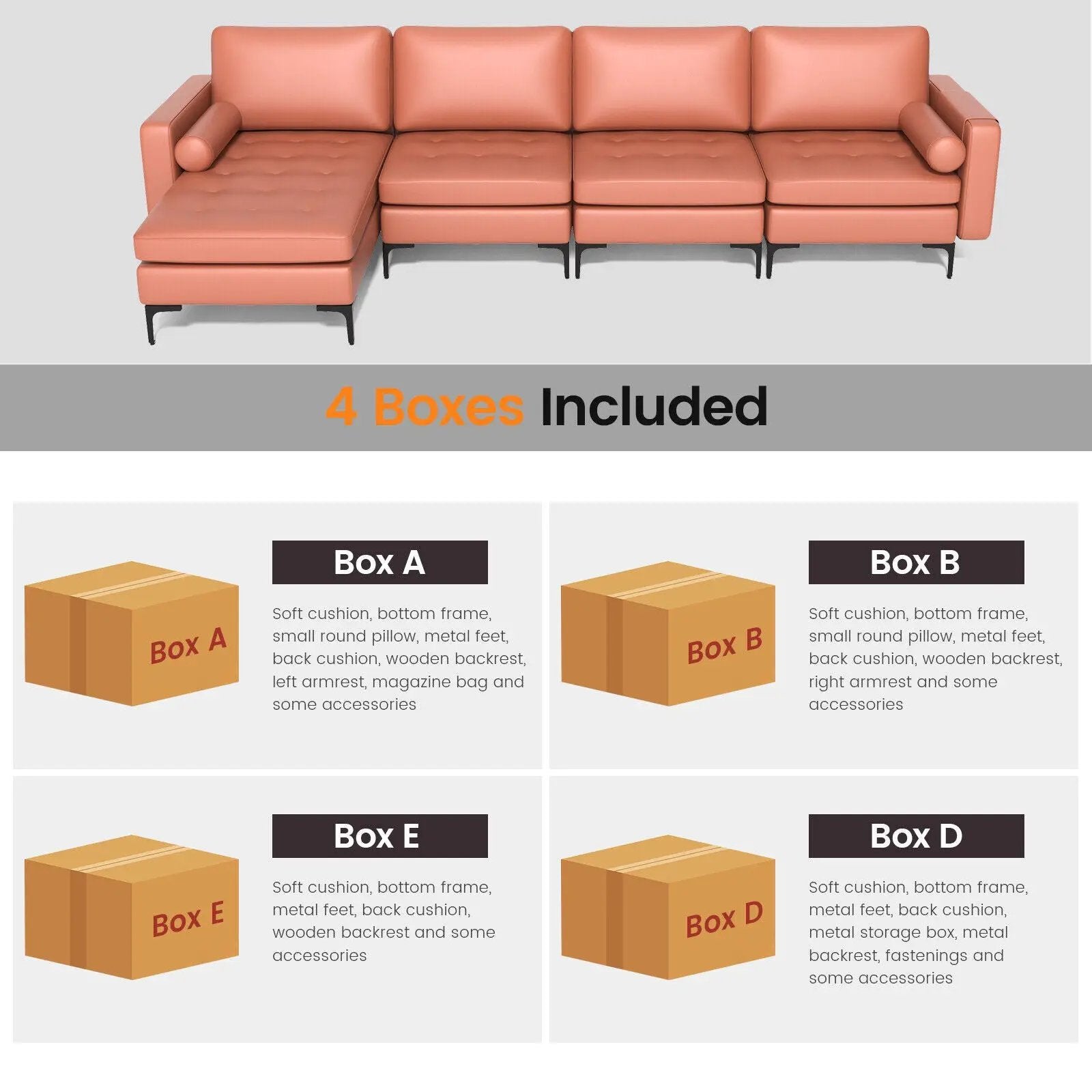 Modular L-shaped 4-Seat Sectional Sofa with Reversible Chaise and 2 USB Socket by DirectDeals