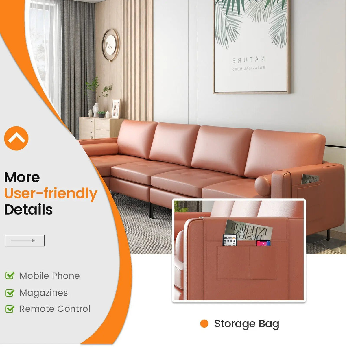 Modular L-shaped 4-Seat Sectional Sofa with Reversible Chaise and 2 USB Socket, detail