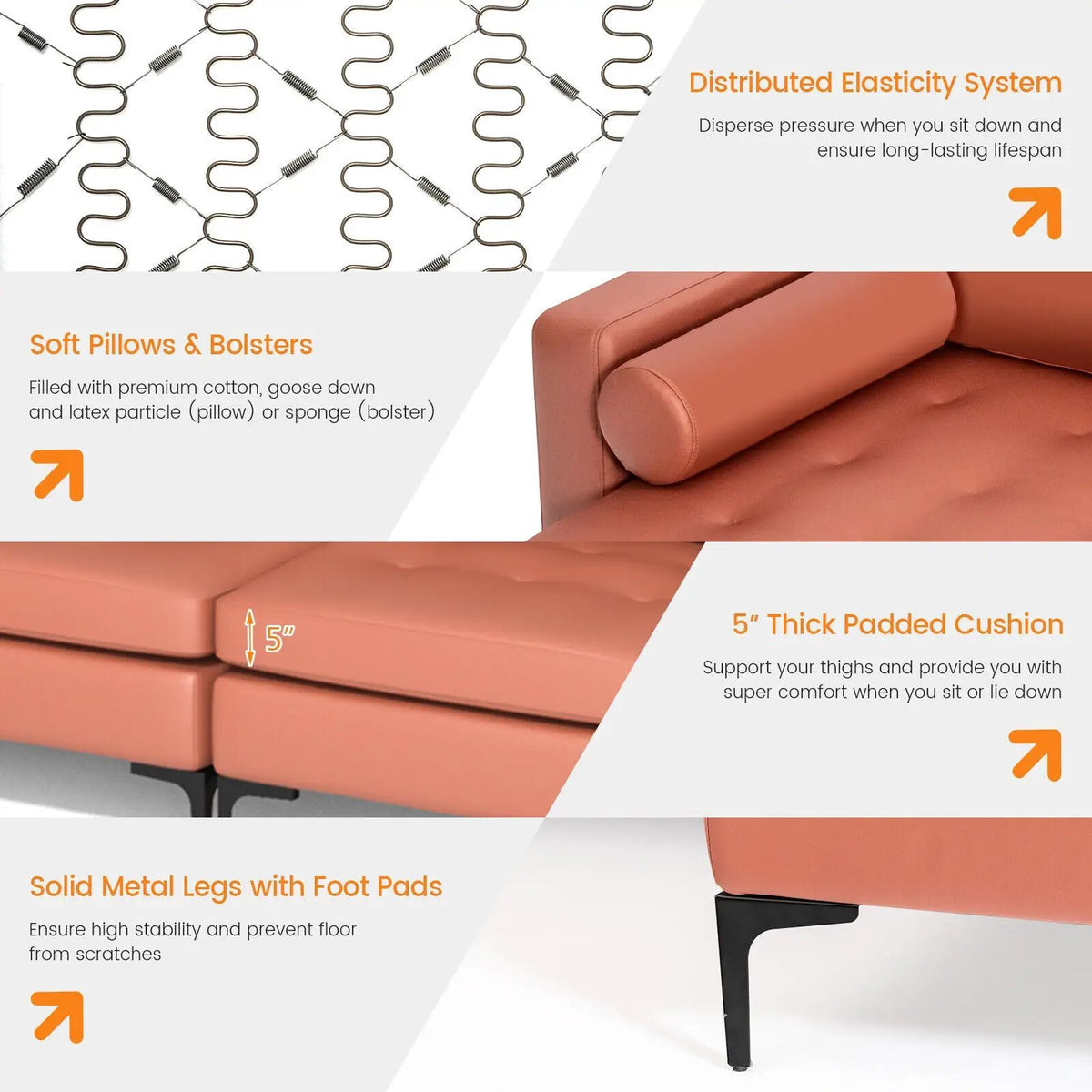 Modular L-shaped 4-Seat Sectional Sofa with Reversible Chaise and 2 USB Socket, detail 2
