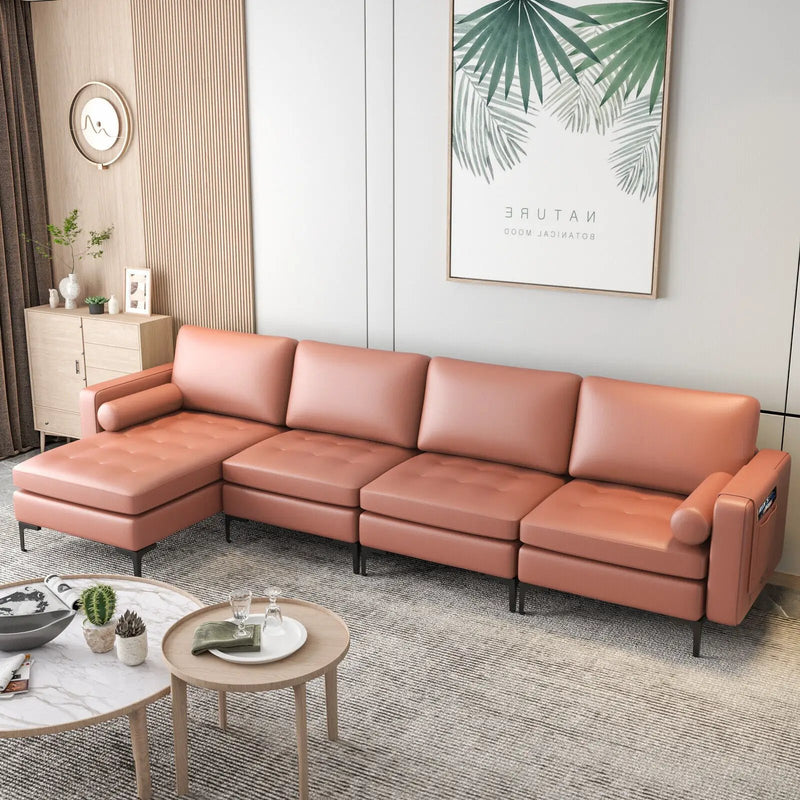Modular L-shaped 4-Seat Sectional Sofa with Reversible Chaise and 2 USB Socket by DirectDeals