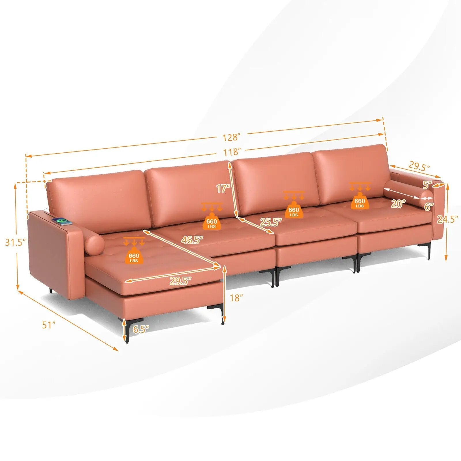 Modular L-shaped 4-Seat Sectional Sofa with Reversible Chaise and 2 USB Socket by DirectDeals