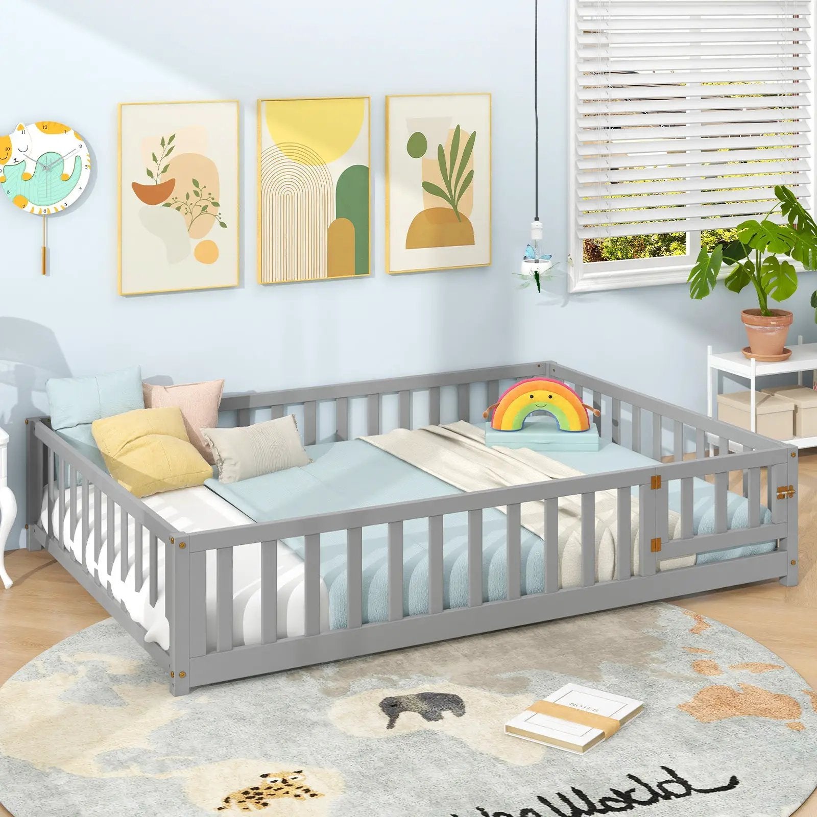 Montessori Bed Frame with Full-length Guardrails Safety Door and Latch by DirectDeals