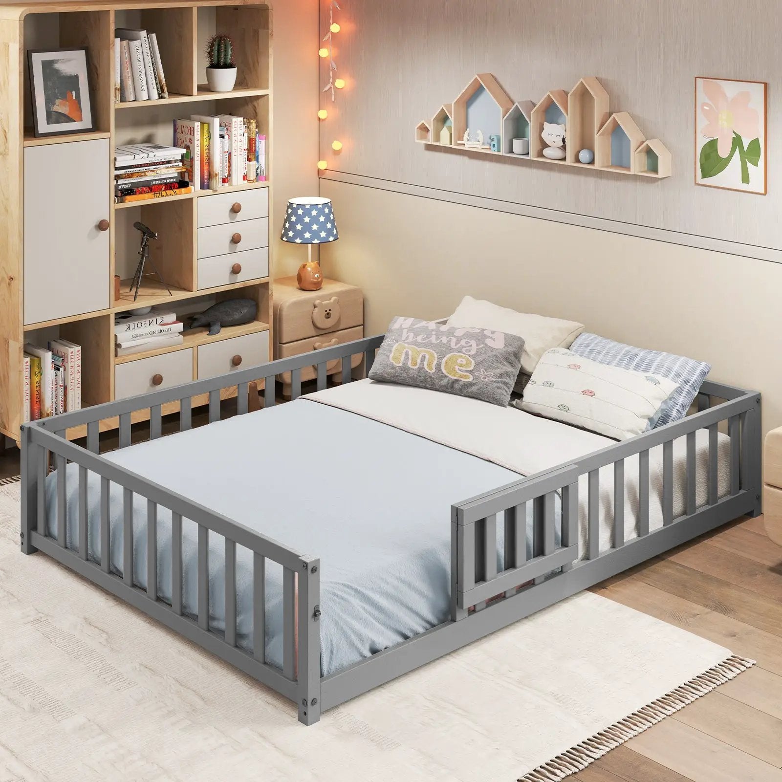 Montessori Bed Frame with Full-length Guardrails Safety Door and Latch by DirectDeals