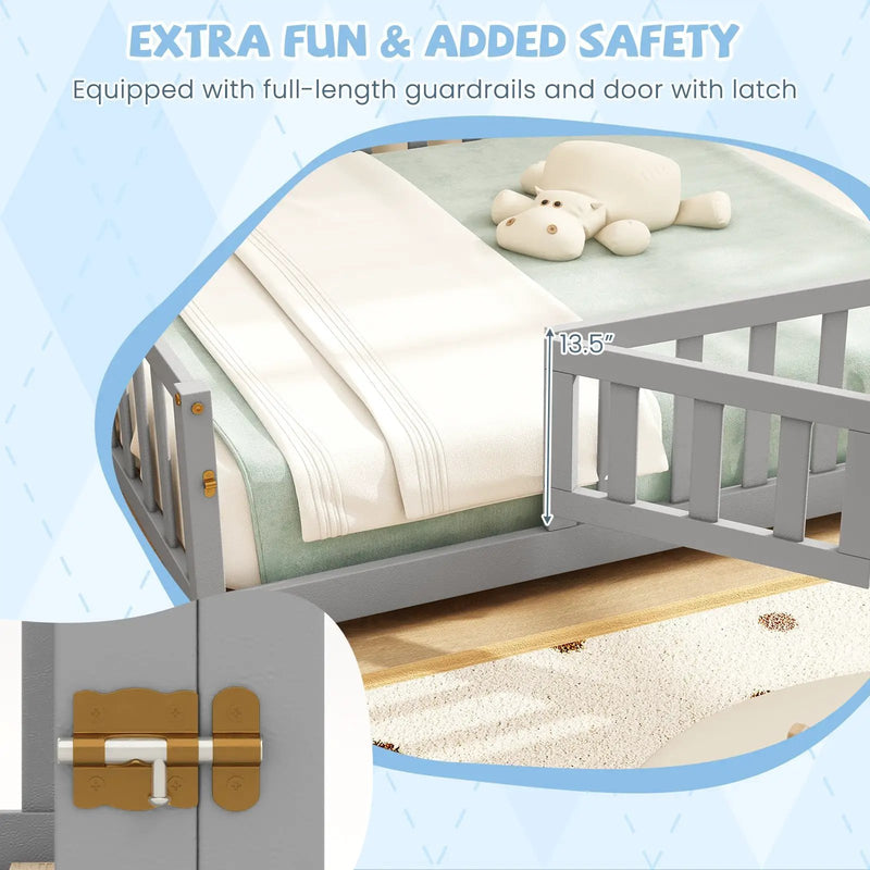 Montessori Bed Frame with Full-length Guardrails Safety Door and Latch by DirectDeals