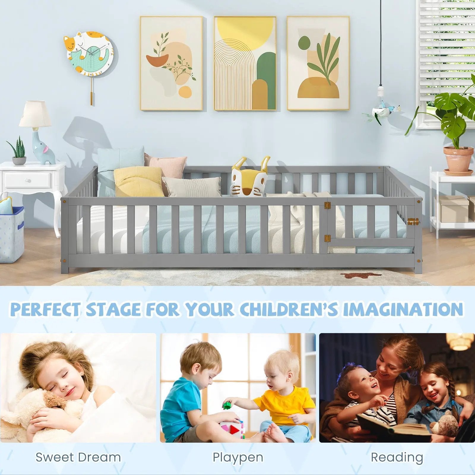 Montessori Bed Frame with Full-length Guardrails Safety Door and Latch by DirectDeals