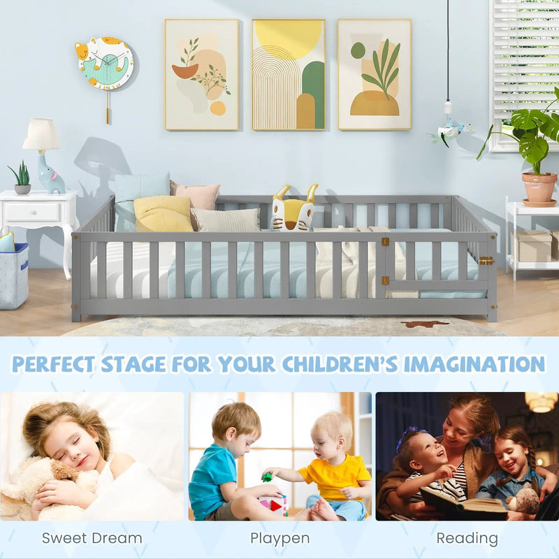 Montessori Bed Frame with Full-length Guardrails Safety Door and Latch by DirectDeals