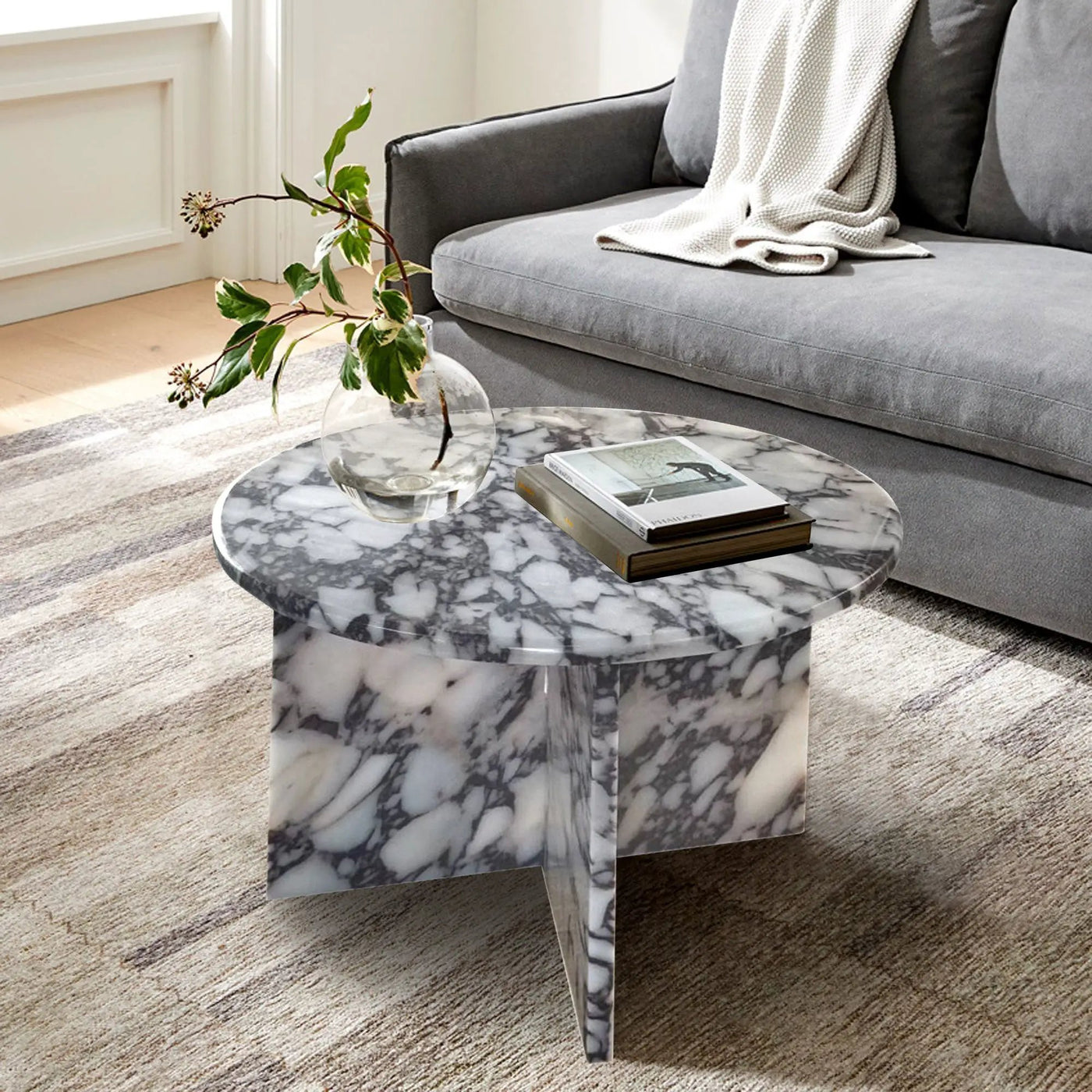 Calacatta Viola Marble Round Polished Coffee Table Modern Style 24 Inch Diameter by GobekDesign