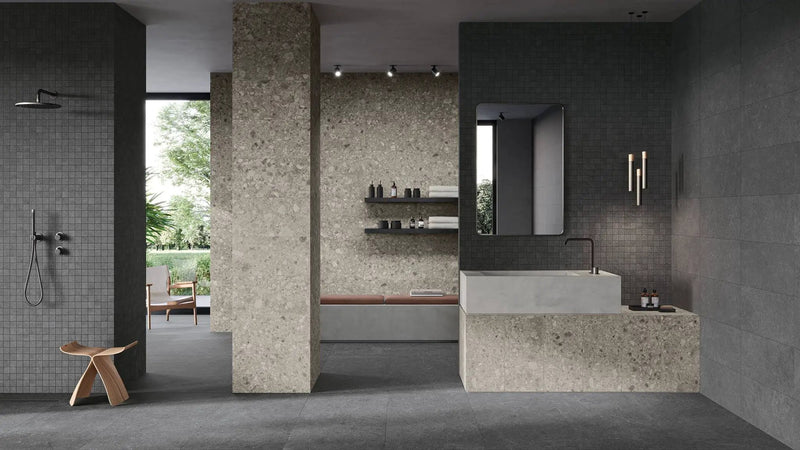 Mood Charcoal Limestone Look Porcelain Tiles 12x24 by landmarkceramics