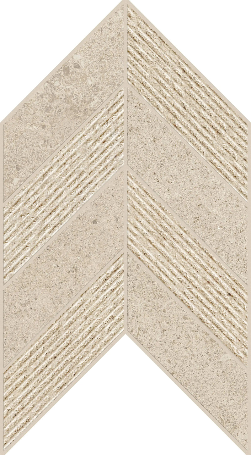 Mood Sand Mosaic Chevron 3d Limestone Look Porcelain Mosaics 7.44x10 by landmarkceramics
