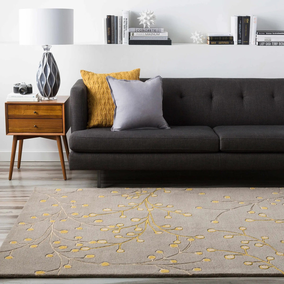 Elsu Mustard Wool Area Rug, installed in a room