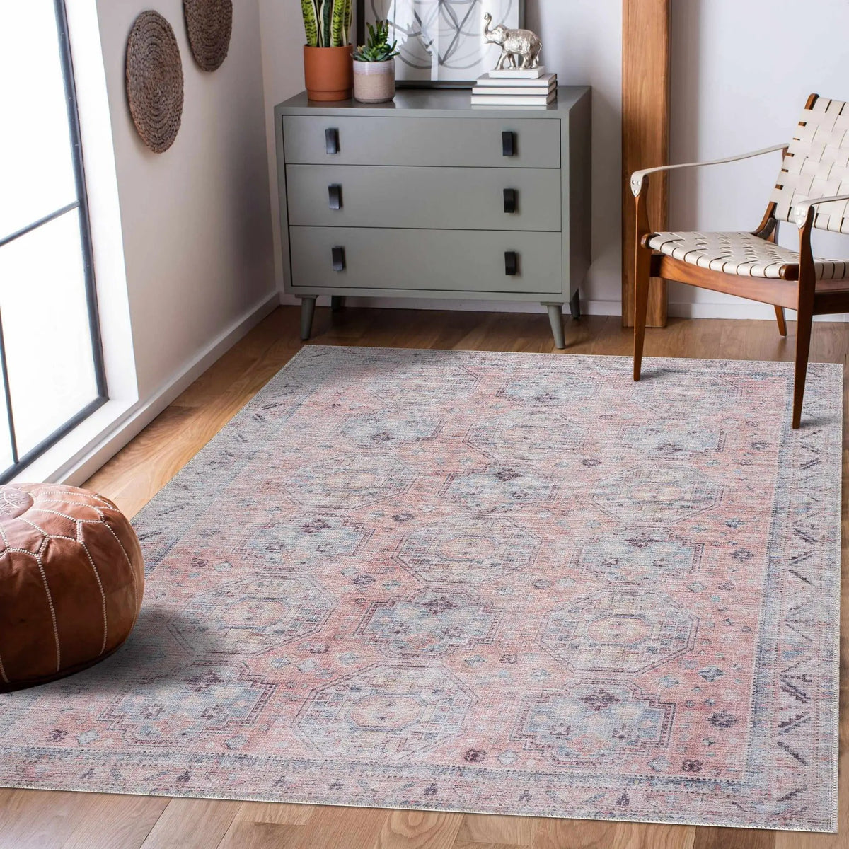 Morcott Peach Washable Area Rug, installed in a room