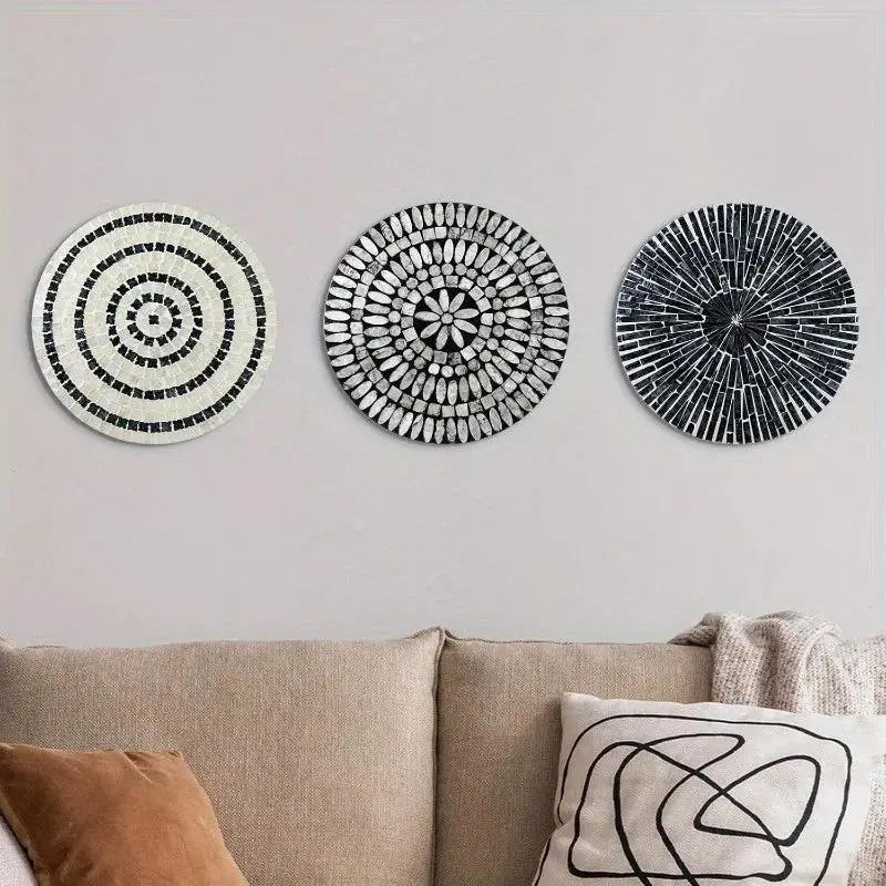 Mother of Pearl Shell Wall Art, 11.8 Inches Mosaic Coastal Plates, Black by House Of Avana