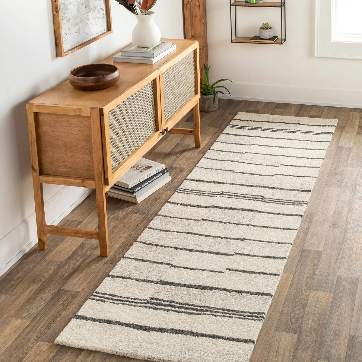 Moorebank Black Striped Wool Rug, installed in a room 2