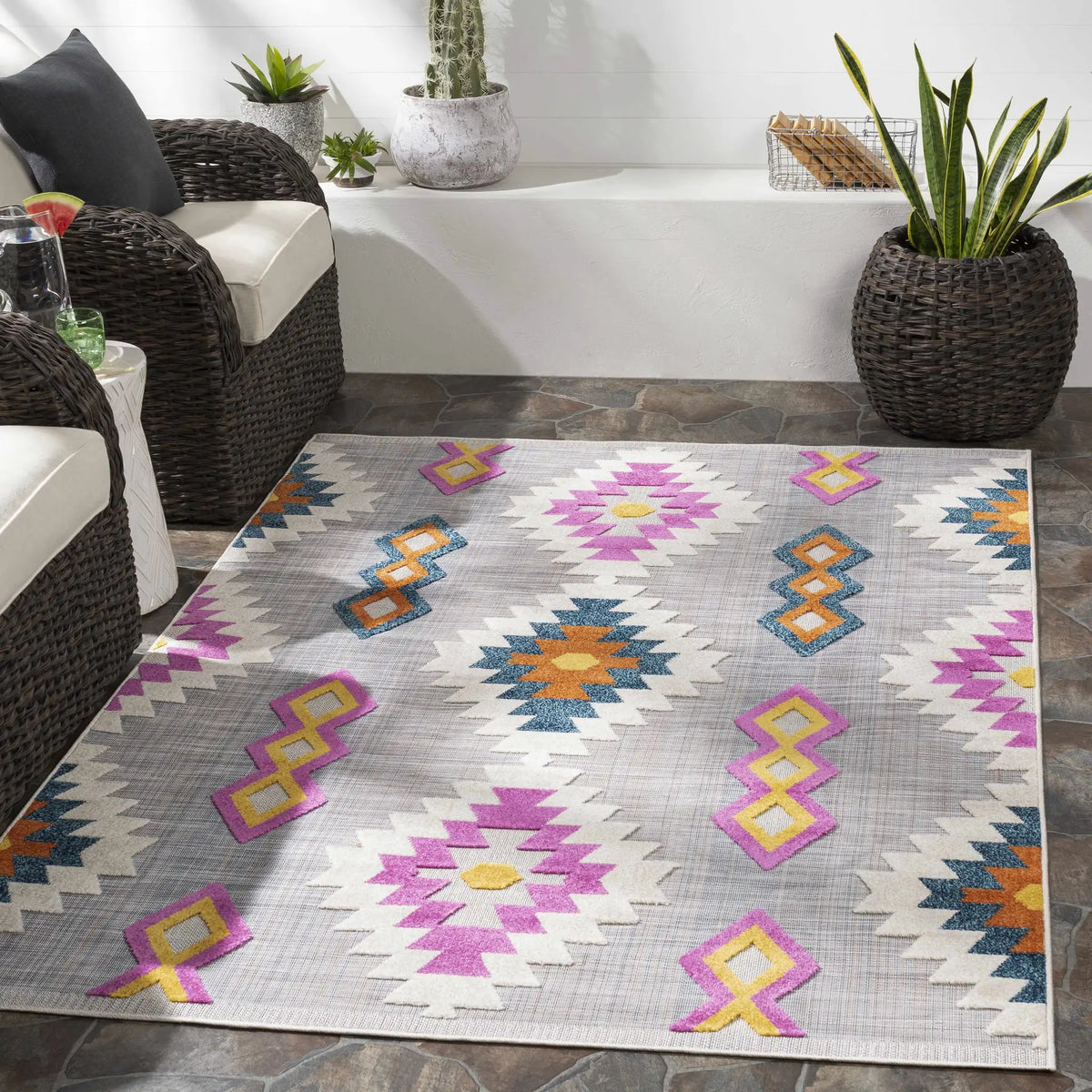 Alburg Southwestern Magenta Outdoor Carpet - Clearance, installed in a room