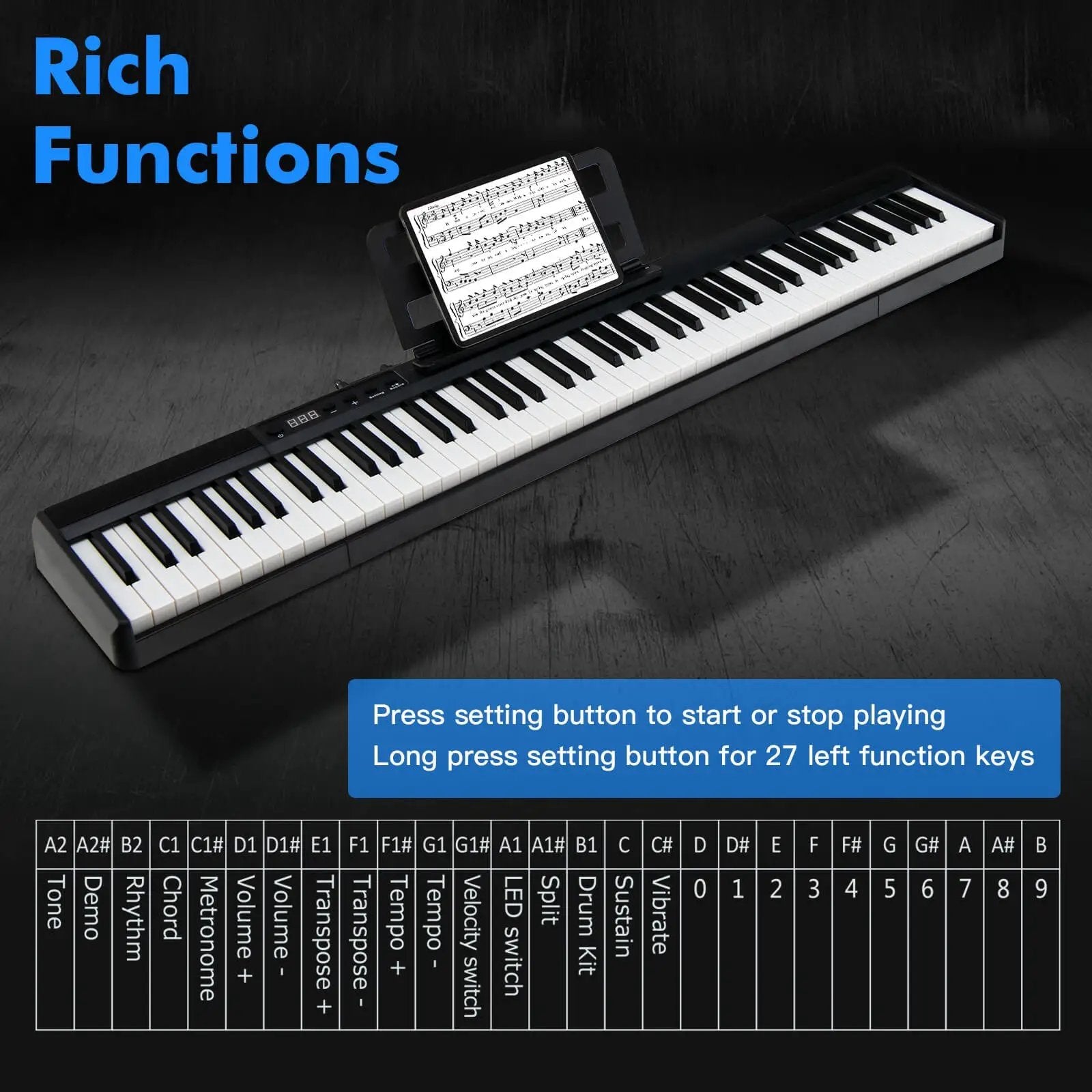 88-Key Portable Electric Lighted Keyboard Piano-Black by DirectDeals