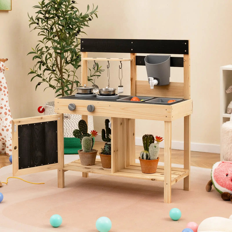 Mud Kitchen Playset Kids Play Kitchen Outdoor with 2 Removable Sinks-Natural by DirectDeals