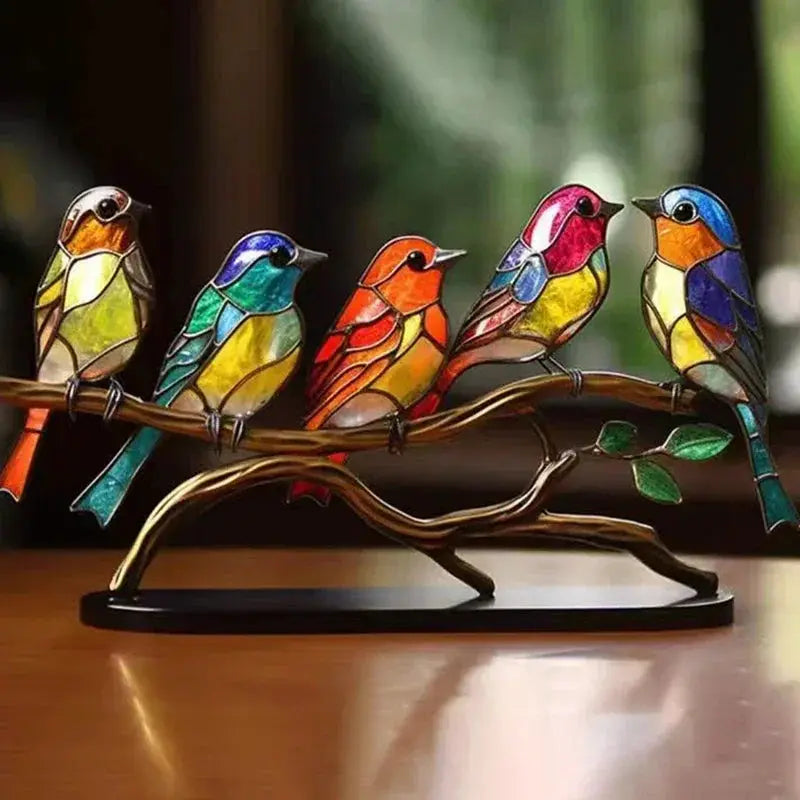 Multicolor Stained Acrylic Birds on Branch for Desktop Display by House Of Avana