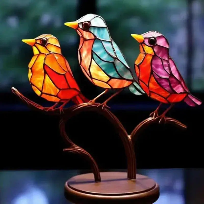Multicolor Stained Acrylic Birds on Branch for Desktop Display by House Of Avana