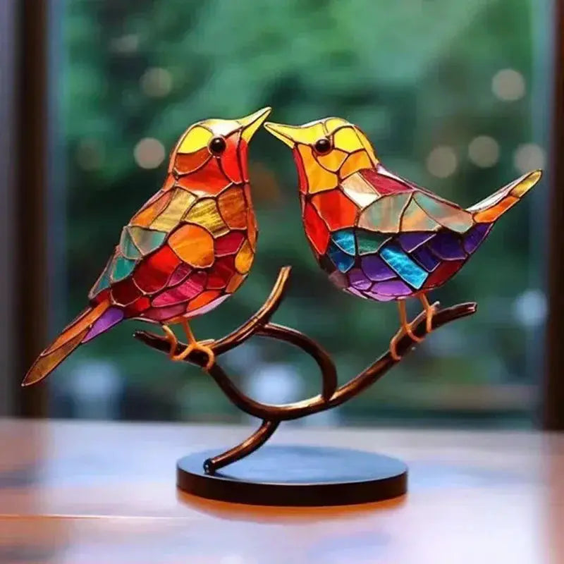 Multicolor Stained Acrylic Birds on Branch for Desktop Display by House Of Avana