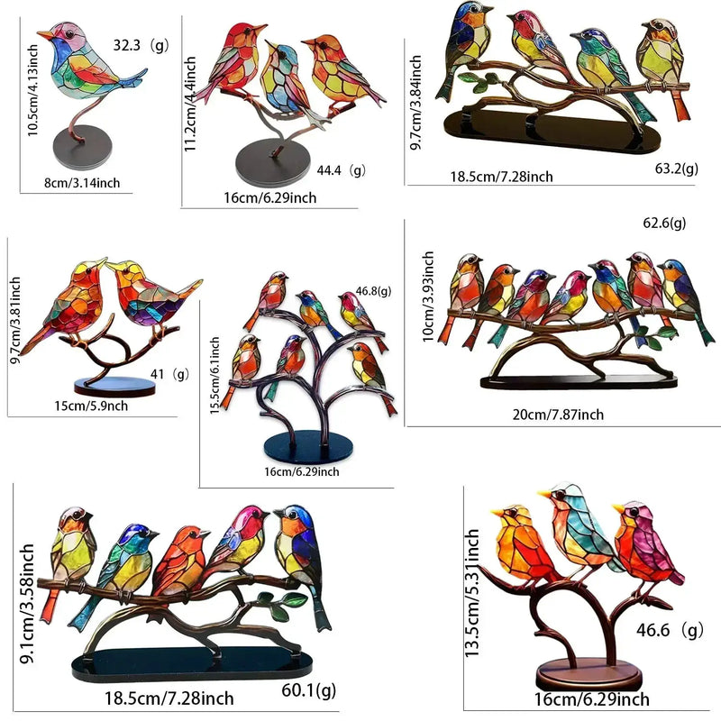 Multicolor Stained Acrylic Birds on Branch for Desktop Display by House Of Avana