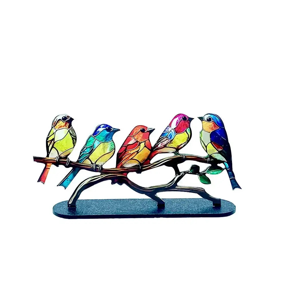 Multicolor Stained Acrylic Birds on Branch for Desktop Display by House Of Avana