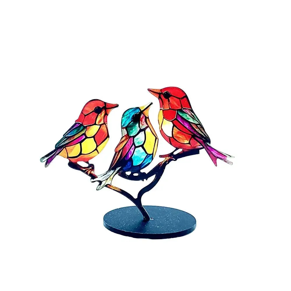Multicolor Stained Acrylic Birds on Branch for Desktop Display by House Of Avana