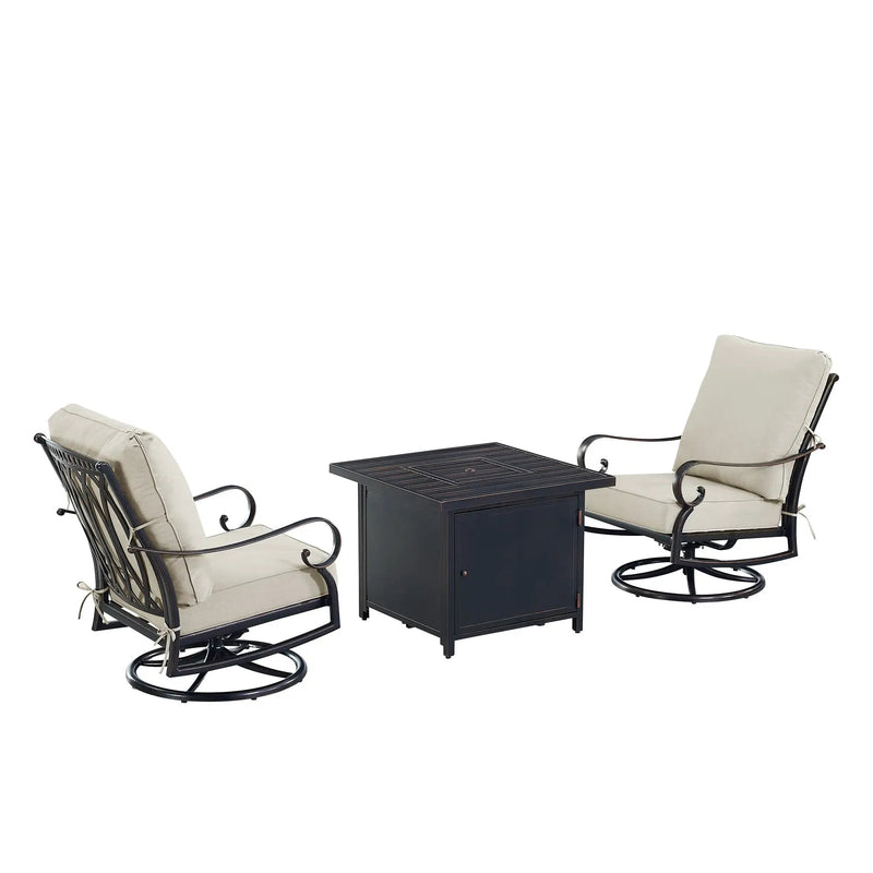Black Aluminum Fire Table Bistro Set with Two Club Chairs by Sharicks