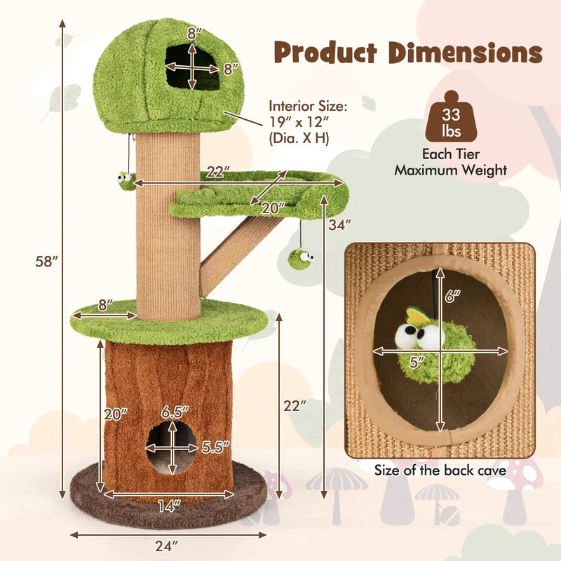 Mushroom Cat Tree for Indoor Cats with 2 Cute Condos Plush Perch and Teasing Balls-Green by DirectDeals