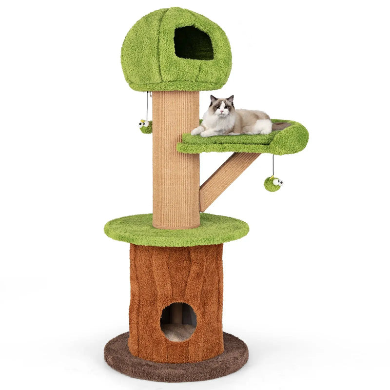 Mushroom Cat Tree for Indoor Cats with 2 Cute Condos Plush Perch and Teasing Balls-Green by DirectDeals