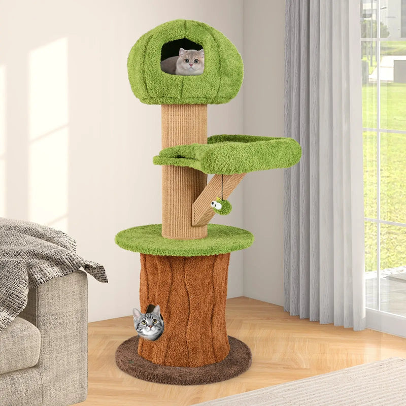 Mushroom Cat Tree for Indoor Cats with 2 Cute Condos Plush Perch and Teasing Balls-Green by DirectDeals