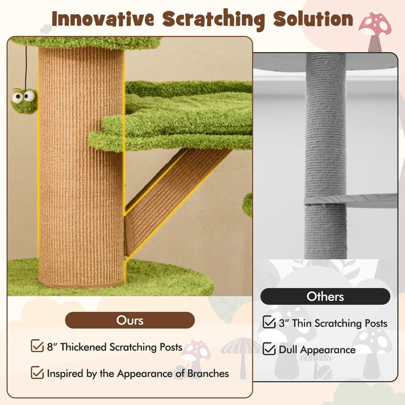 Mushroom Cat Tree for Indoor Cats with 2 Cute Condos Plush Perch and Teasing Balls-Green by DirectDeals