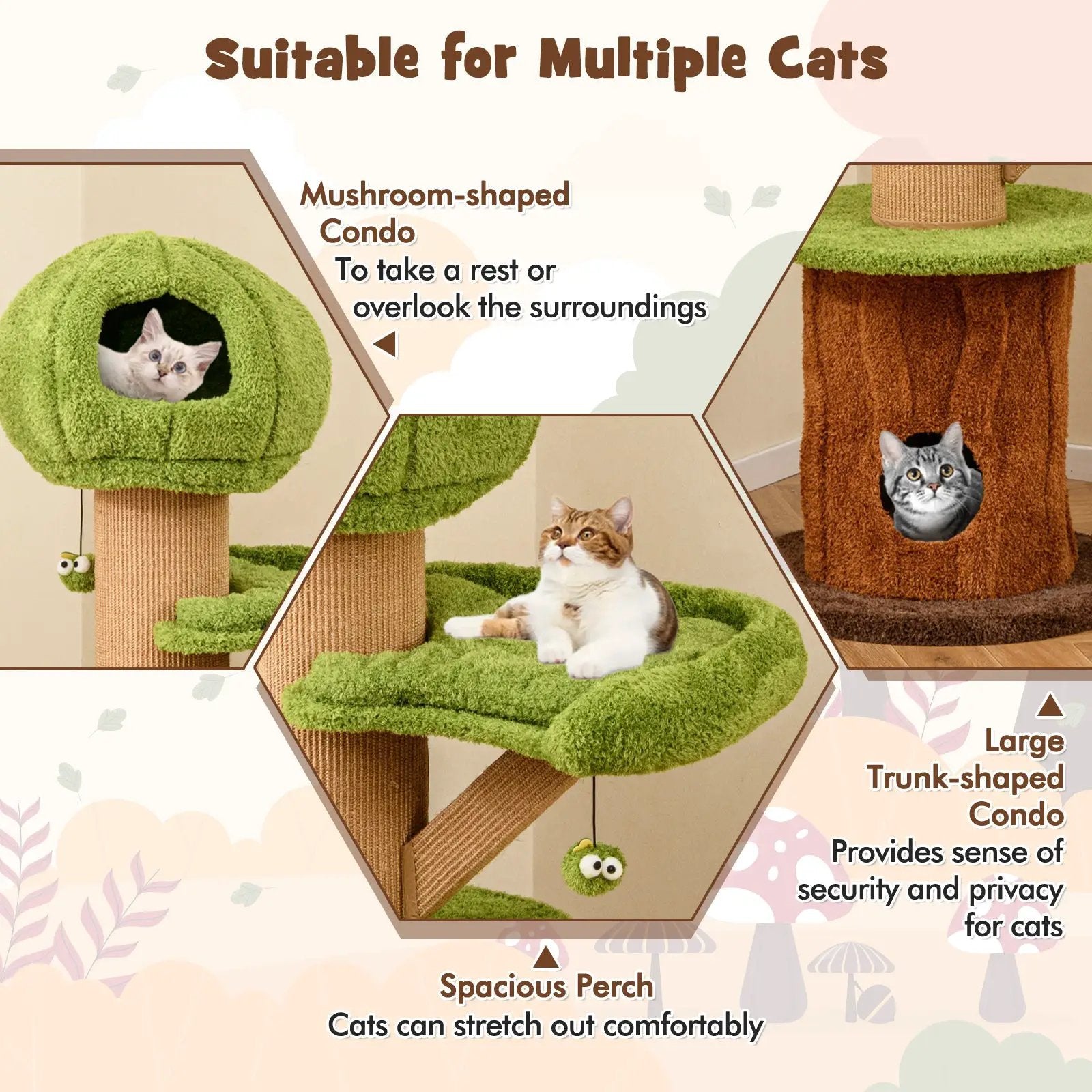 Mushroom Cat Tree for Indoor Cats with 2 Cute Condos Plush Perch and Teasing Balls-Green by DirectDeals