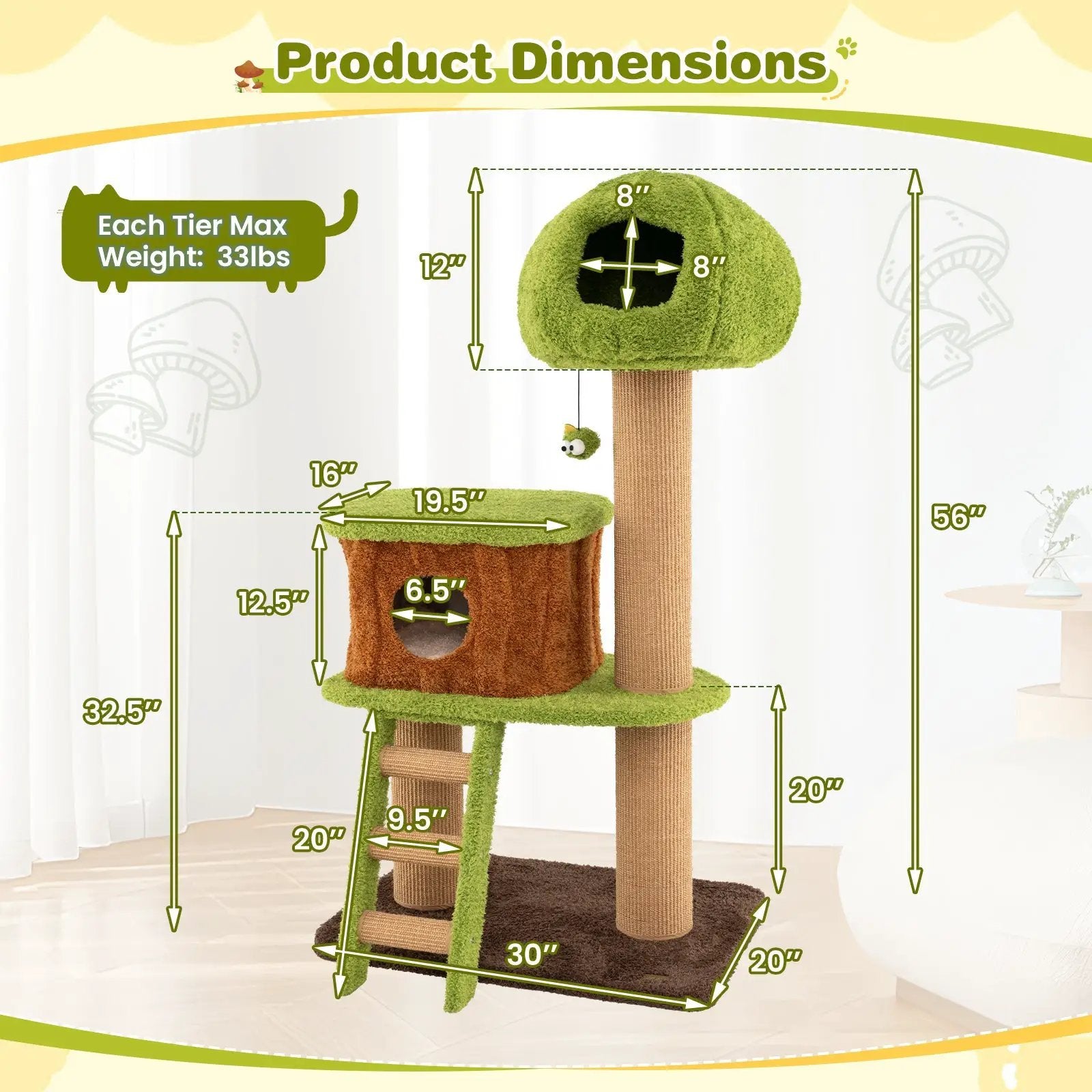 Cute Cat Tree for Indoor Cats with Mushroom-shaped Nest Condo and Climbing Ladder-Green by DirectDeals
