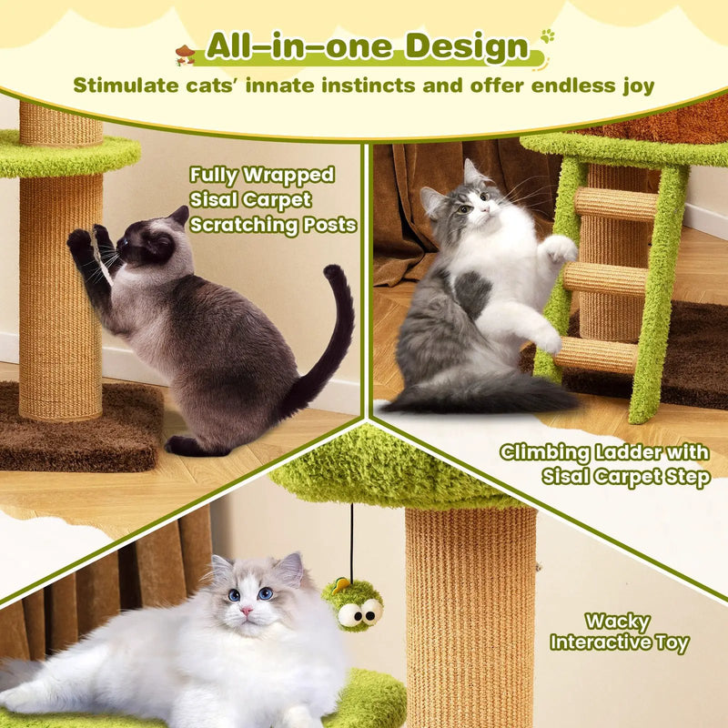 Cute Cat Tree for Indoor Cats with Mushroom-shaped Nest Condo and Climbing Ladder-Green by DirectDeals